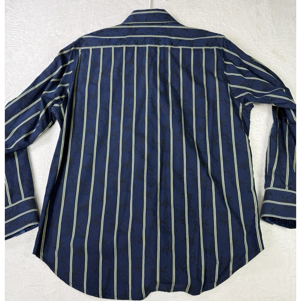 Robert Graham Shirt Mens Large Blue Striped Flip Cuff Paisly Embroidered Woven - Picture 5 of 9